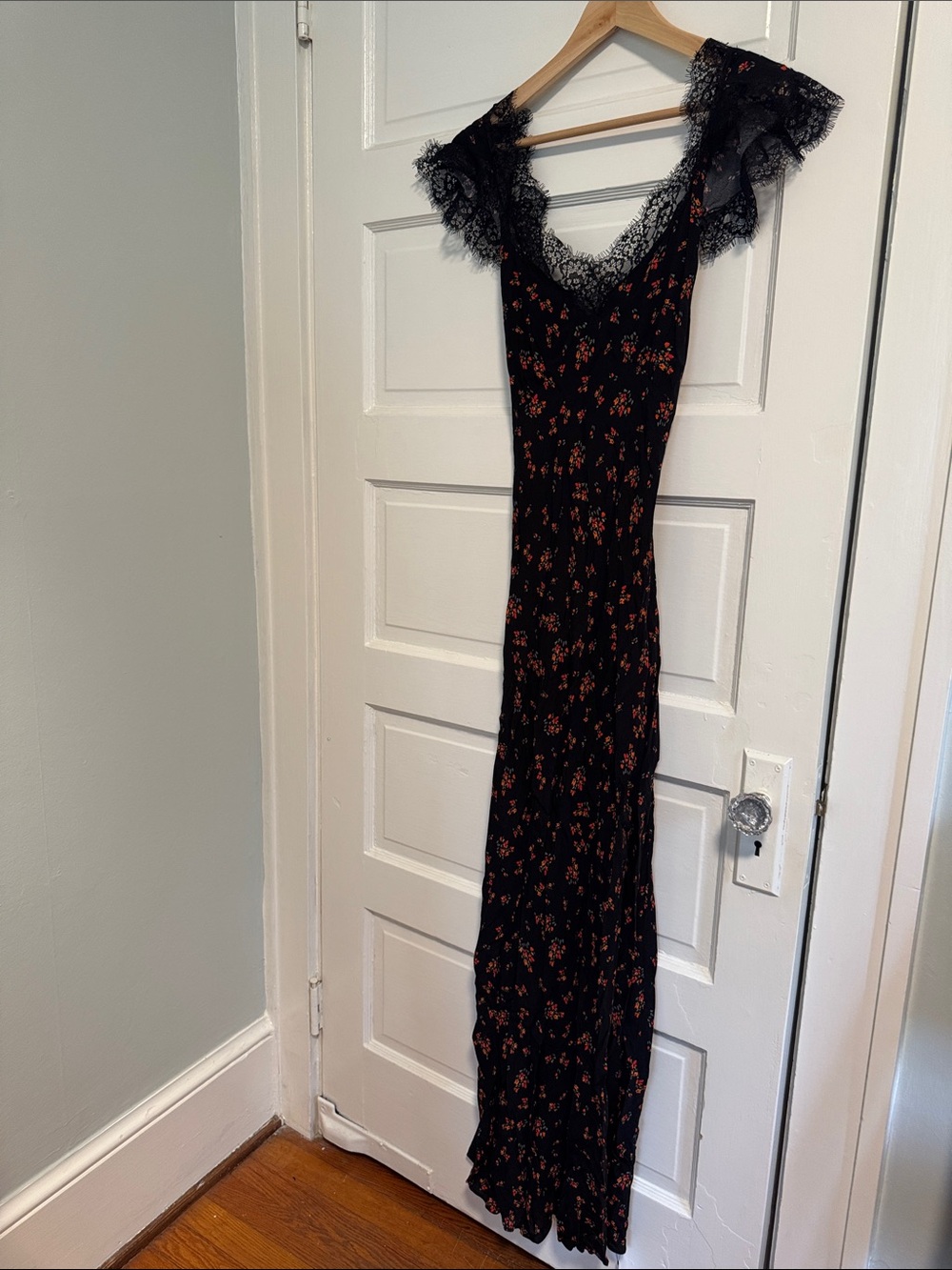 Rumored Black Maxi Dress with Red Floral Motif and Lace Trim